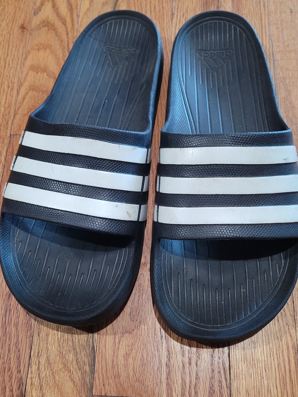 Adidas Black Slide Sandals with White Stripes